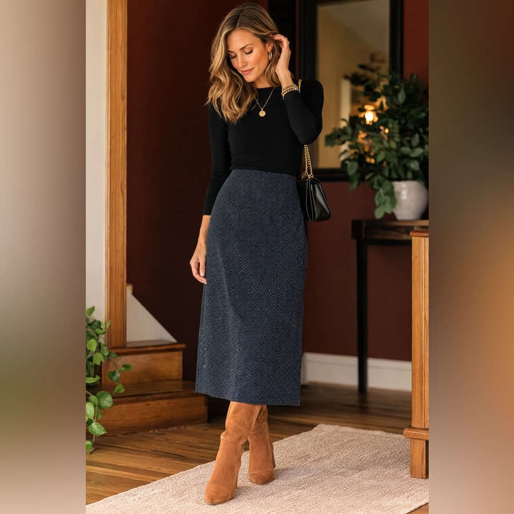 Talbots Navy Polka Dot Rayon Midi Skirt Size 6 Classic Chic Boho Office EUC